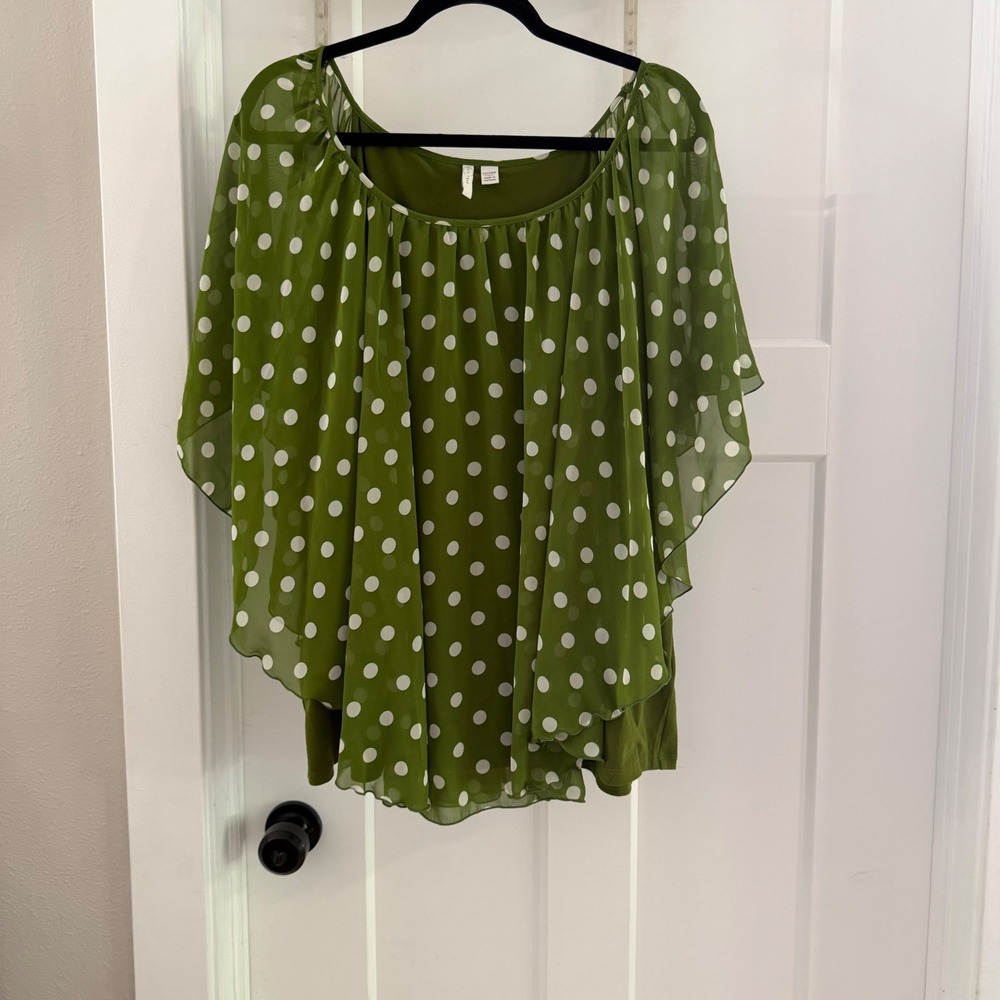 Green Polka Dot Capelet Flutter Sleeve Blouse Plus Size 22/24W Boho Chic Career
